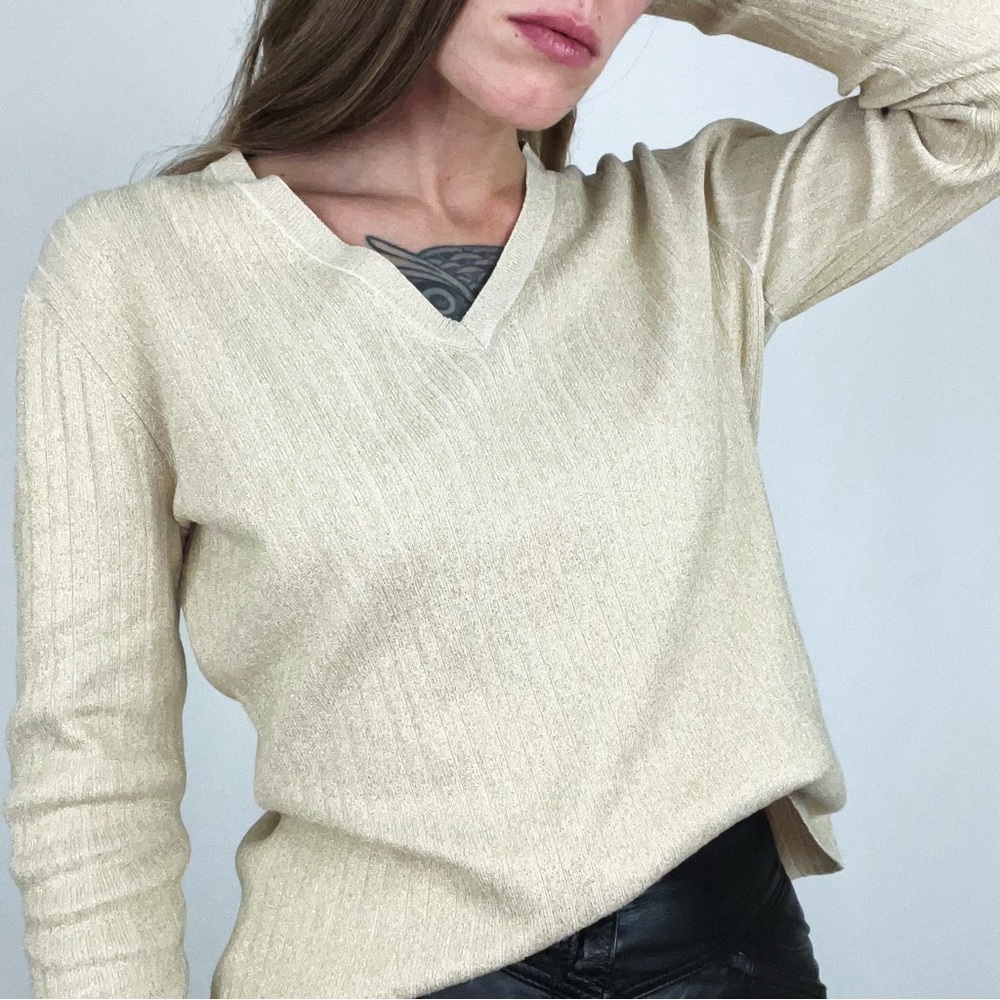 V-Neck Silk-Blend Metallic Rib-Knit Top | Size 0